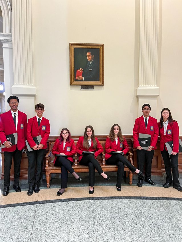 Eight Katy ISD SkillsUSA members attended the SkillsUSA Texas Legislative Day in February. They observed sessions on the legislative process in Texas and learned how a bill becomes law. Here they are pictured in the rotunda with a portrait of Gov. Allan Shivers, who served from 1949-57.