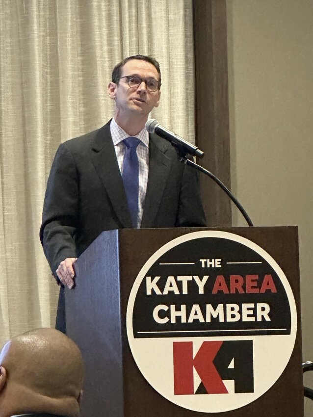 Mike Morath, Texas Education Agency commissioner, speaks at the April 14 meeting sponsored by the Katy Area Chamber of Commerce at the Embassy Suites.