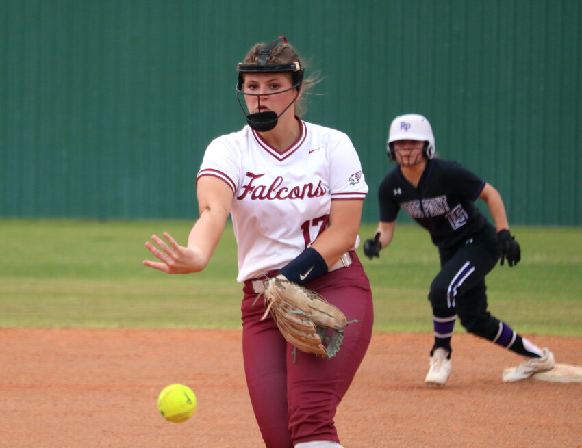 Samantha Crumrin pitches during Friday's bi-district round game between Tompkins and Ridge Point at the Jordan softball field.
