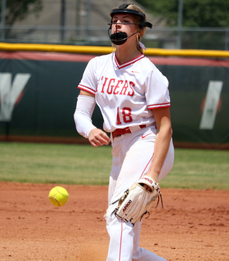 Lauryn Soeken pitches during Saturday's bi-district game between Katy and Fort Bend Dulles at the Katy softball field.