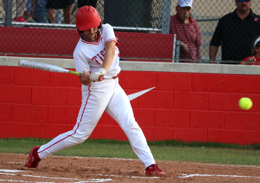 Maddie Smith hits during Thursday&rsquo;s Area Round game between Katy and Bellaire at the Katy softball field.