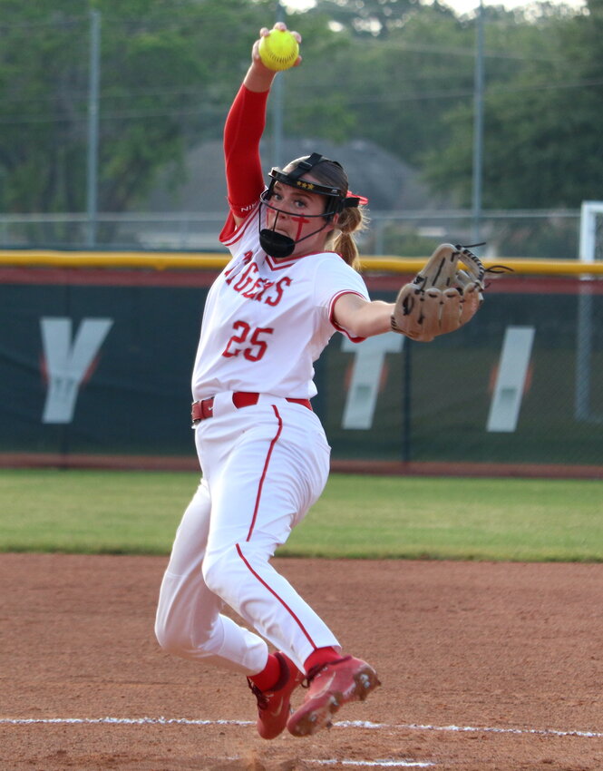 Cameryn Harrison pitches during Thursday&rsquo;s Area Round game between Katy and Bellaire at the Katy softball field.