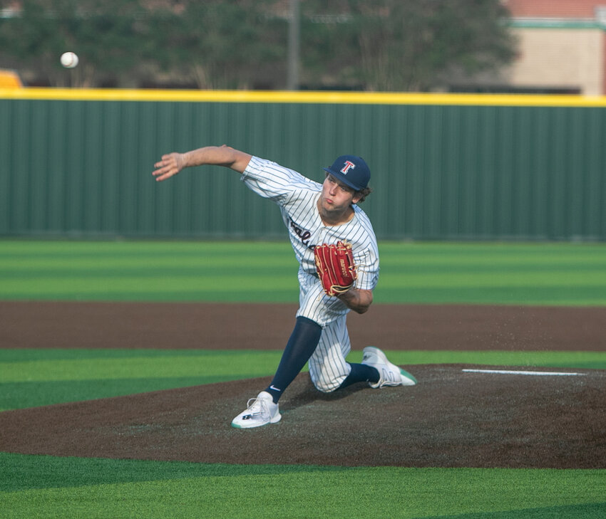Hudson Melaerts pitches during Saturday's Regional Quarterfinal between Katy and Tompkins at Cy-Springs.