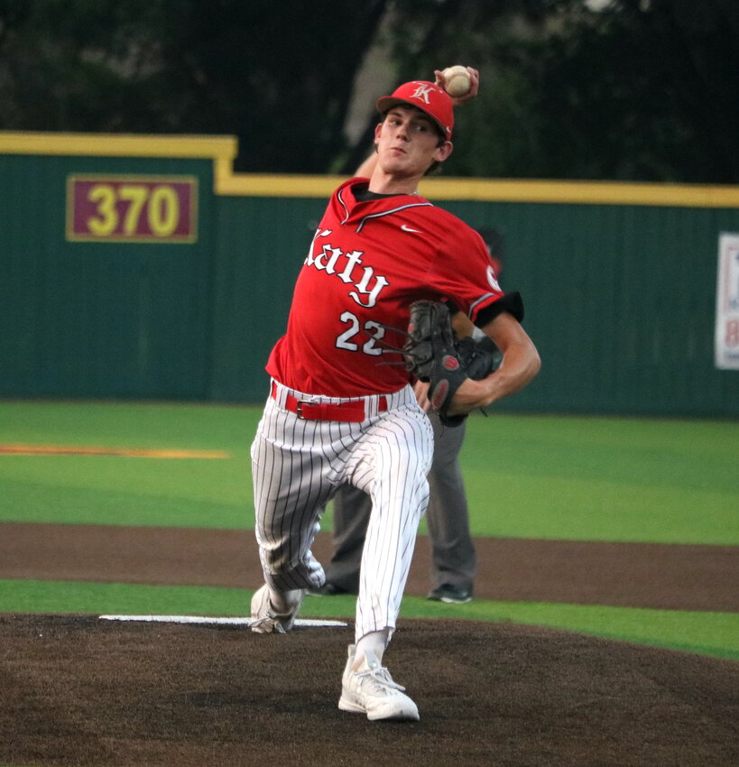 Cade Nelson pitches during Wednesday's Regional Semifinal between Katy and Clear Springs at Deer Park.