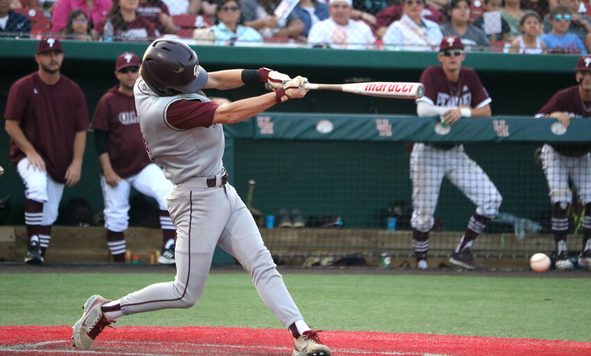 Brock DeYoung hits during Friday's regional semifinal between Cinco Ranch and Pearland at The University of Houston.