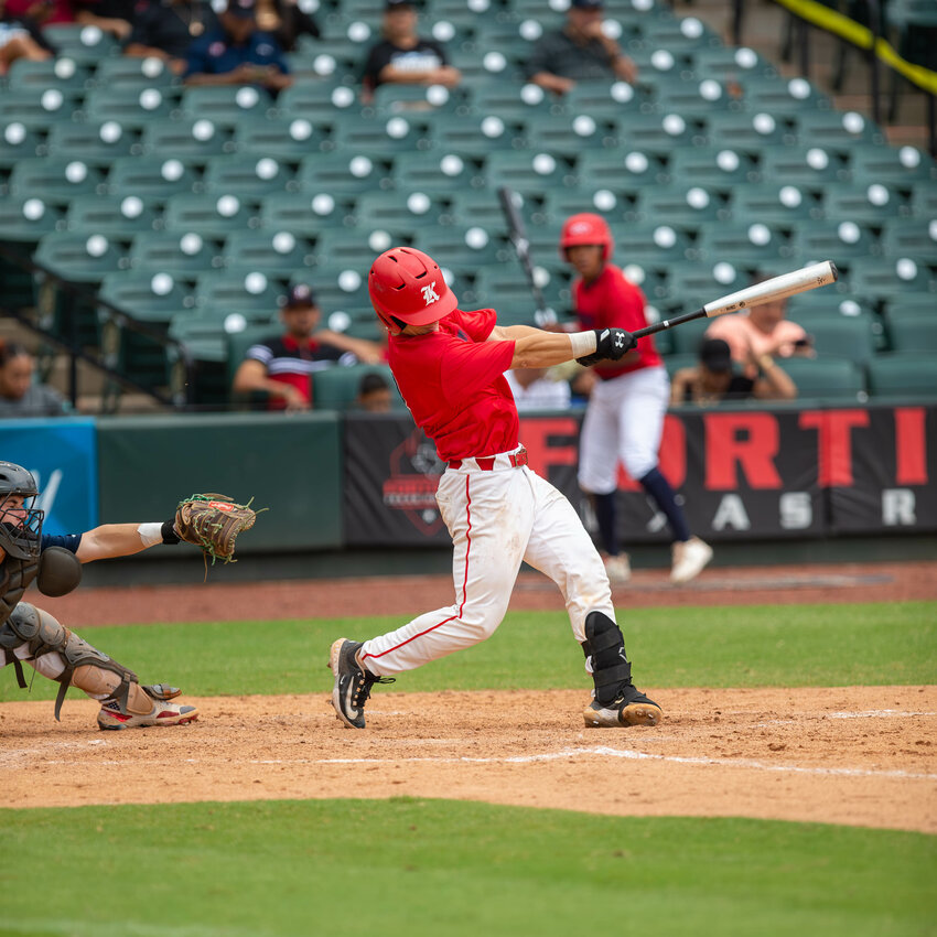 Brady Englett swings at a pitch during Tuesday's GHBCA Senior All-Star game at Constellation Field in Sugar Land.