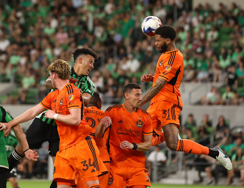 Houston Dynamo defender Micael (31) elevates to head the ball in front of the net in defense during a Major League Soccer match on June 24, 2023 in Austin, Texas. Austin FC won, 3-0.