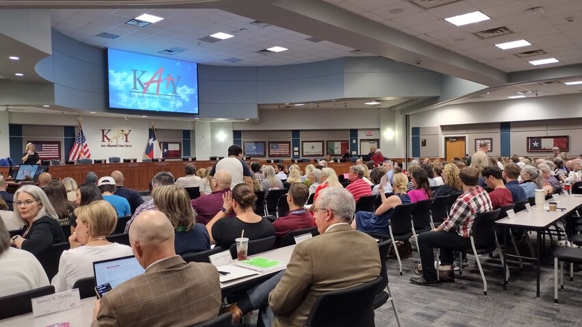 An overflow crowd of parents, students and community members crowded the Board Room at Katy ISD on Monday, August 28th, resulting in some spectators being moved to an overflow room, which was also fun. Over 100 people signed up to speak during the public comments portion of the meeting, which lasted about four hours.