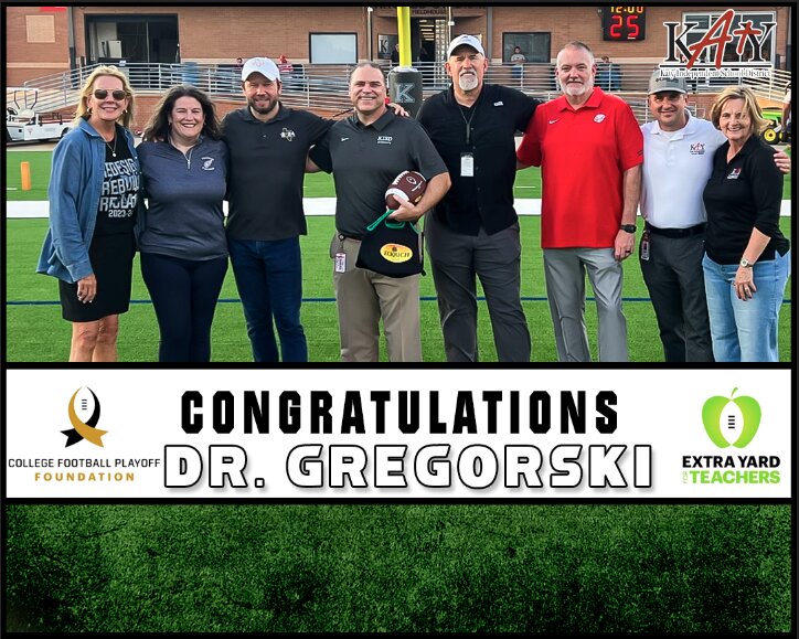 Katy Superintendent Ken Gregorski was honored at Rhodes Stadium on Friday as part of the College Football Playoff Foundation&rsquo;s Extra Yard for Teachers program.