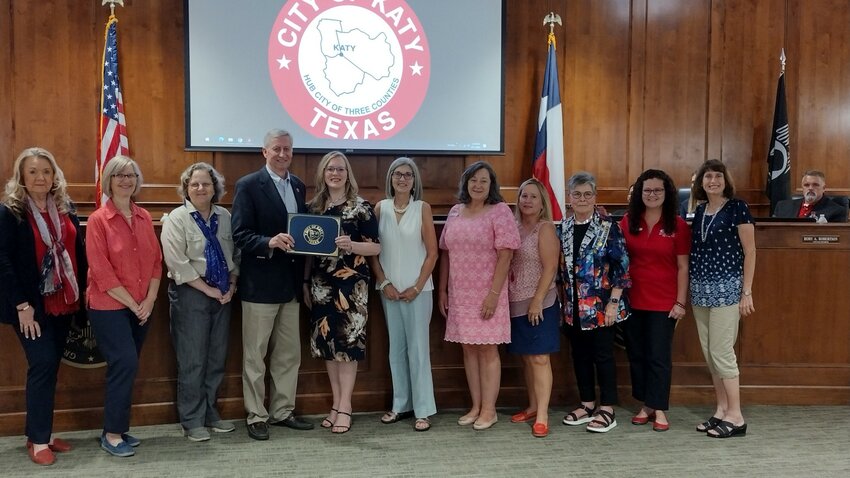 In commemoration of the 236th anniversary of the U.S. Constitution, members of the Katy Star of Destiny Chapter of the Daughters of the American Revolution received the Proclamation for Constitution Week, September 17-23, 2023 presented by Mayor Dusty Thiele at Monday&rsquo;s City Council meeting. Pictured (left to right): Susan Stormer, Brenda Henning, Laurel Cull, Mayor Thiele, Katy Sheffield, Donna McGee, Stephanie Kinghorn, Jaime Pierce, Jan Vance, Kathy Smith and Claudia Stokes.