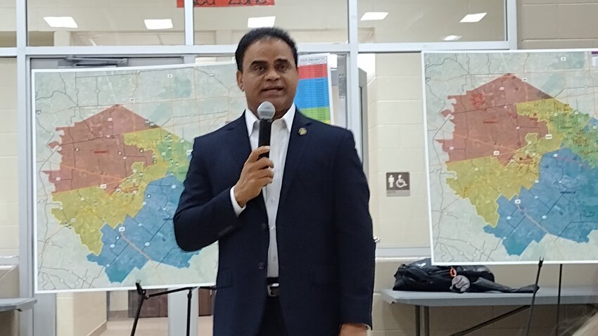 Fort Bend County Judge KP George informs area residents about the upcoming mobility and park bond issues slated for the November 7th election, at a meeting at Fulshear High School on September 26th.