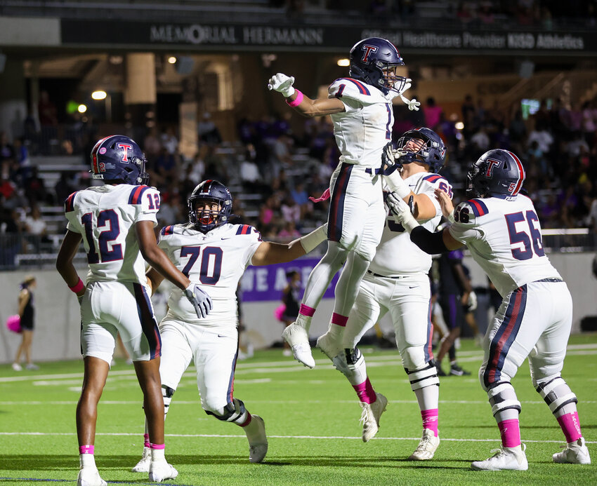 The Tompkins Falcons celebrate a touchdown during a high school football game between Morton Ranch and Tompkins on October 13, 2023, in Katy.