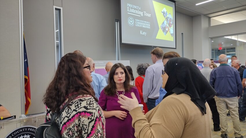 Harris County Precinct 4 Commissioner Lesley Briones (center) meets with constituents at the Katy stop on her &ldquo;Listening Tour&rdquo; at Houston Community College, 22910 Colonial Parkway, on November 4th. The two-hour event attracted over 100 local residents.