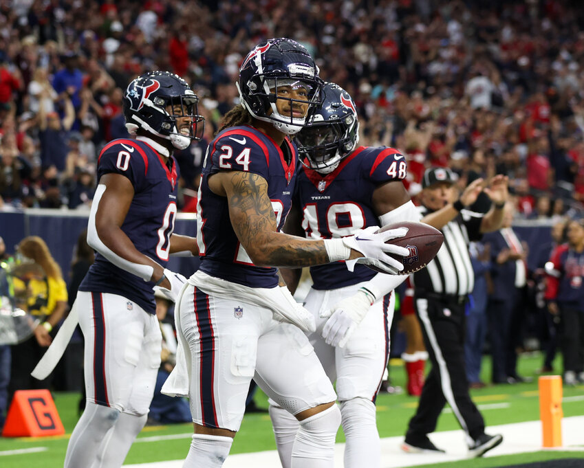 Texans cornerback Derek Stingley Jr. (24) reacts after intercepting a pass from Browns quarterback Joe Flacco (15) in the end zone to end the first half of an NFL game between the Houston Texans and the Cleveland Browns on December 24, 2023 in Houston.