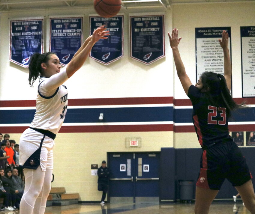 Rihanna DeLeon shoots a 3-pointer during Tuesday&rsquo;s game between Tompkins and Katy at the Katy gym.