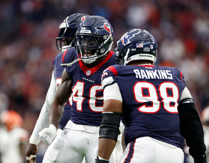 Texans linebacker Christian Harris (48) reacts after a defensive play during an NFL Wild Card playoff game between the Houston Texans and the Cleveland Browns on January 13, 2024 in Houston.