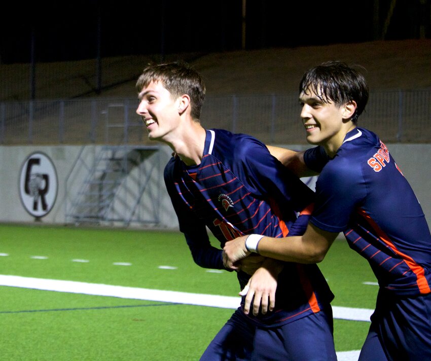 Aidan Morrison and Noa Stasic celebrate after Morrison scored a goal during Friday&rsquo;s game between Seven Lakes and Jordan at Legacy Stadium.