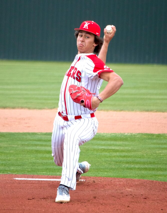 Aiden Barrientes pitches during Friday&rsquo;s game between Katy and Ridge Point at the Katy baseball field.