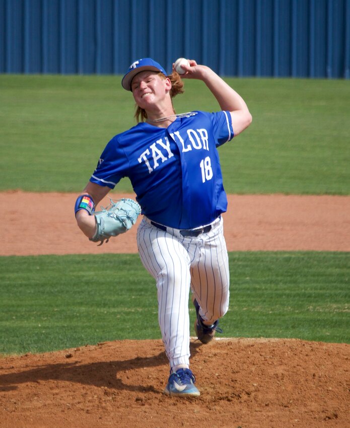 Bryce Krenek pitches during Tuesday's game between Taylor and Seven Lakes at the Taylor baseball field.