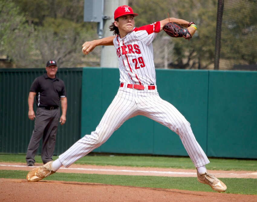 Aaron Brashear pitches during a game between Katy and Morton Ranch at the Katy baseball field.
