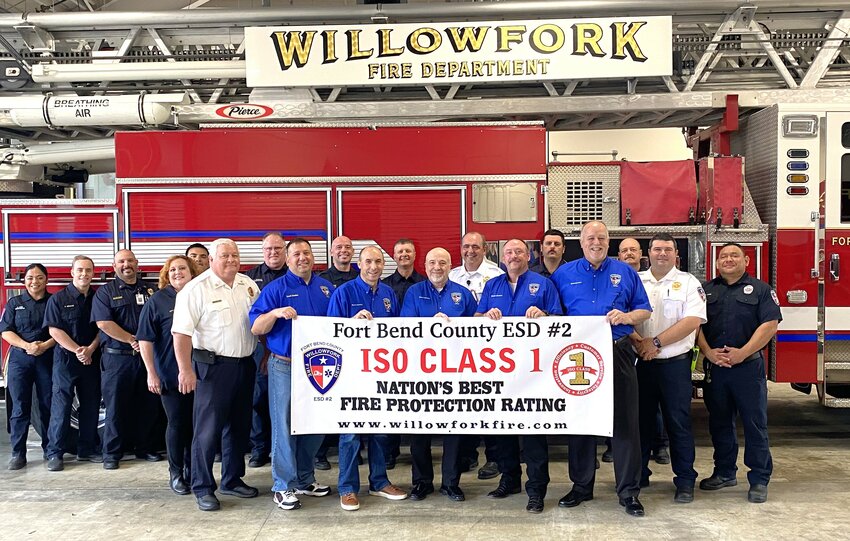 Personnel from Fort Bend County Emergency Services District 2 and the Willowfork Fire Department proudly display their recent attainment of an ISO Fire Service Suppression Rating of Class 1 effective June 1, 2024.