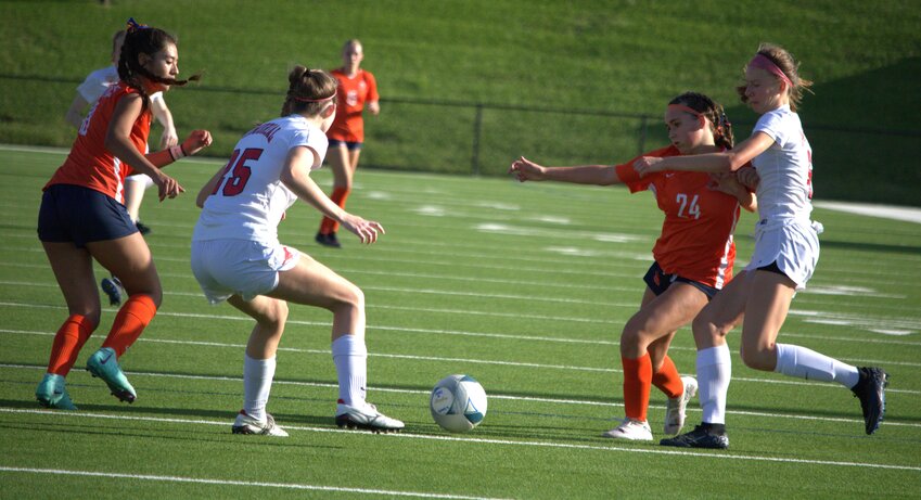 Sienna Marchitello takes a shot during Tuesday's Region III-6A Quarterfinal between Seven Lakes and Memorial at Rhodes Stadium.