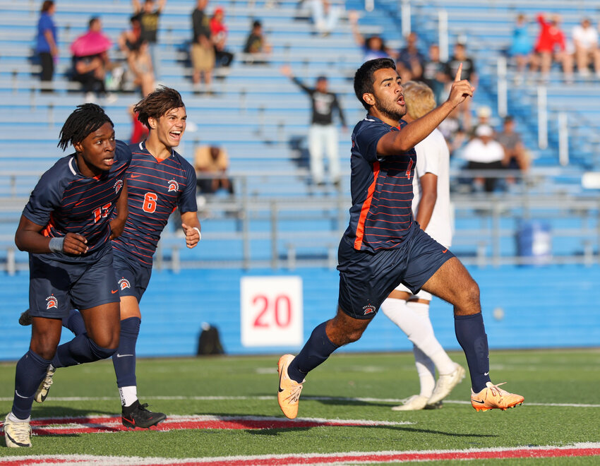 Seven Lakes defender Eduardo Davalillo (4) celebrates after scoring a goal during the Class 6A boys state soccer semifinal between Seven Lakes and Duncanville on April 12, 2024 in Georgetown. Seven Lakes won 2-0.