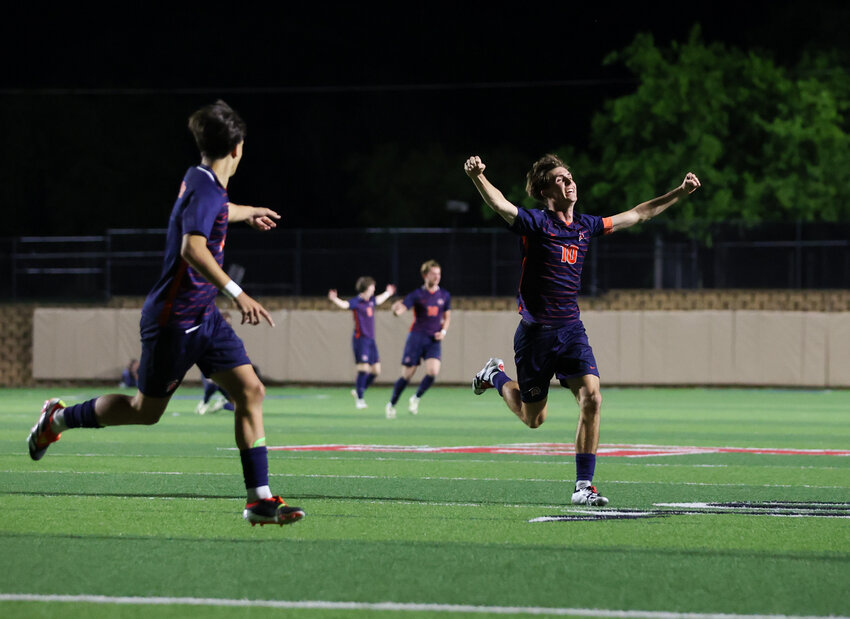 Seven Lakes defender Aidan Morrison (10) celebrates after scoring the game-winning goal in the second overtime period of the Class 6A boys state soccer championship between Seven Lakes and Flower Mound on April 13, 2024 in Georgetown.