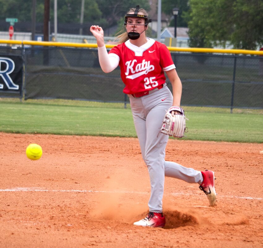 Cameryn Harrison pitches during Friday's game between Katy and Taylor at the Taylor softball field.