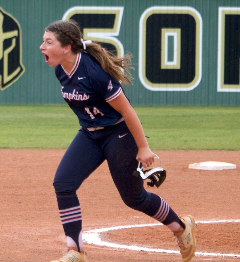 Leah Gershman celebrates after getting out of an inning during Thursday's bi-district game between Tompkins and Travis at the Jordan softball field.