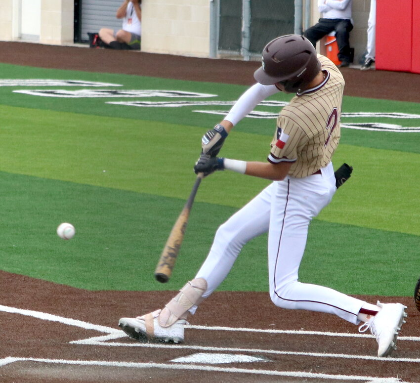 Zach Franco hits during Saturday&rsquo;s area round game between Cinco Ranch and Stratford at Cy-Lakes.