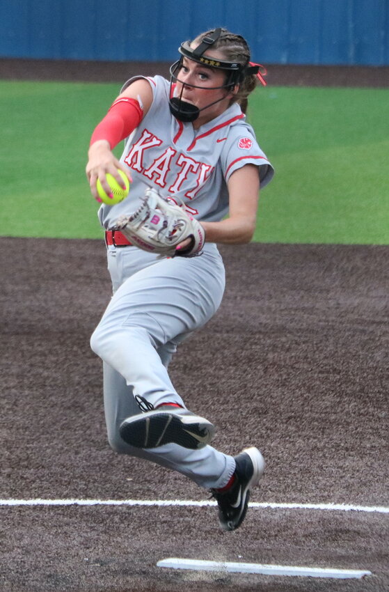 Cameryn Harrison pitches during Thursday&rsquo;s Region III-6A Final game between Katy and Kingwood at the Kingwood softball field.