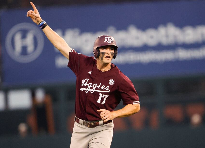 Texas A&amp;M outfielder Jace Laviolette (17) gestures as he rounds the bases to score on a two-run home run hit by Braden Montgomery during an NCAA baseball game between the Texas Longhorns and the Texas A&amp;M Aggies on March 5, 2024. Texas A&amp;M won, 9-2.