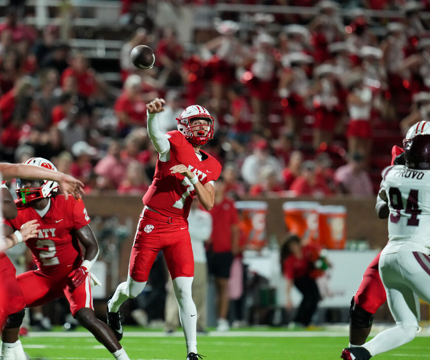 Katy quarterback Jakson Franklin (7) passes the ball during a high school football game between Katy and Cinco Ranch on September 20, 2024 in Katy, Texas.