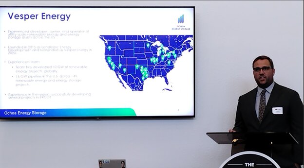 Alex Rohr, community affairs manager for Vesper Energy, shares plan sfor the company&rsquo;s proposed Ochoa battery energy storage system (BESS) at a &ldquo;lunch and learn&rdquo; meeting of the Katy Area Chamber of Commerce on September 26.