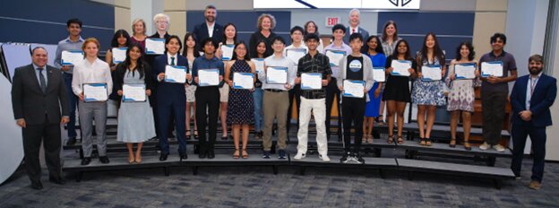 Ken Gregorski (left), Katy ISD superintendent of school, poses with some of the 96 National Merit Semi-Finalists from the district at a special recognition event on October 28. KISD board of trustees Rebecca Fox, Lance Redmon, board secretary Mary Ellen Cuzela, Morgan Calhoun, board president Victor Perez and board vice president Amy Thieme are in the back row.