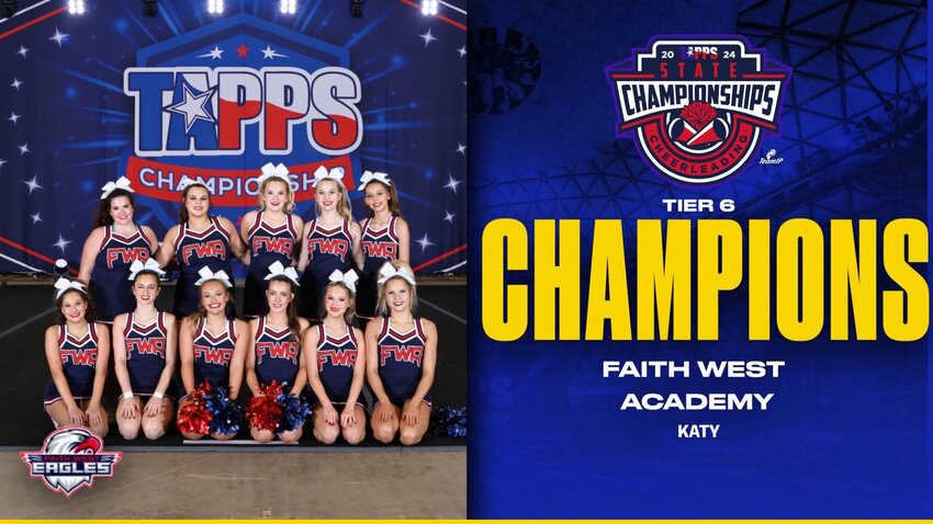 On December 10 the cheerleaders from Faith West Academy won the TAAPS 2024 Cheer State Championship in Waco, Texas, competing in the 2/3A traditional small squad division. Front row (left to right): Isabella Harrell, Sarah Troxel, Sara Reeves (Captain),Mariah Troxel (Captain), Laurel Wettman and Sophia Jurak. Back row (left to right): Riley Walsh, Isabella Garay, Reese (Emerie) Chambers, Leah Walsh and Sophia Snider. Coach Lauren Garay is not pictured. In addition to receiving a superior team ranking, team members won additional individual awards. First team Allstate cheerleaders were Mariah Troxel, Sara Reeves and Sophia Jurak. Second team Allstate cheerleader was Isabella Harrell, and semifinalist top five jumper was Sara Reeves.