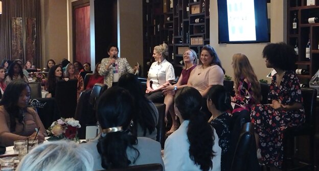 Maida Guillen, community engagement coordinator for Harris County Precinct 4 Commissioner Lesley Briones (left, with microphone) served as moderator for the panel discussion at the second annual &ldquo;Women of Katy&rdquo; luncheon on January 30 at Perry&rsquo;s Steakhouse in LaCenterra. Panelists speaking on the theme of &ldquo;Momentum&rdquo; &ndash; and how to keep going during difficult circumstances -- included (left to right) Chef Lori Pope, owner of Harvest Kitchen &amp; Bakery; Dr. Christi Pramudji Dawe, a board-certified urologist in Houston; Farrah Pramudji Dawe, owner of Sonoma Wine &amp; Cheese; Lara Mautz, executive director of Christ Clinic; and Lilac Kennedy, of Action Behavioral Centers. The event is co-hosted by the Katy Area Chamber of Commerce and the Katy Business Alliance.