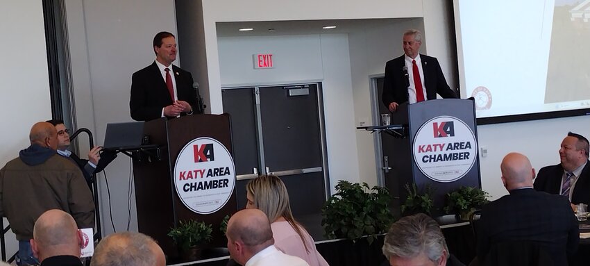 City of Katy administrator Byron Hebert (left) and Mayor Dusty Thiele address a capacity crowd at the Katy Area Chamber of Commerce&rsquo;s annual &ldquo;State of the City&rdquo; luncheon on February 20. The event was held at the Community Rooms at Legacy Stadium, 1830 Katyland Drive in Katy.