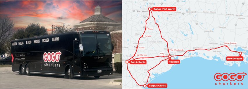 GOGO Charters, a leading provider of luxury charter bus and minibus transportation services, will begin service from Katy and Houston to regional destinations including San Antonio and Dallas. Buses will depart from Katy from the Courtyard Hotel at Katy Mills, 25402 Katy Mills Pkwy Katy.