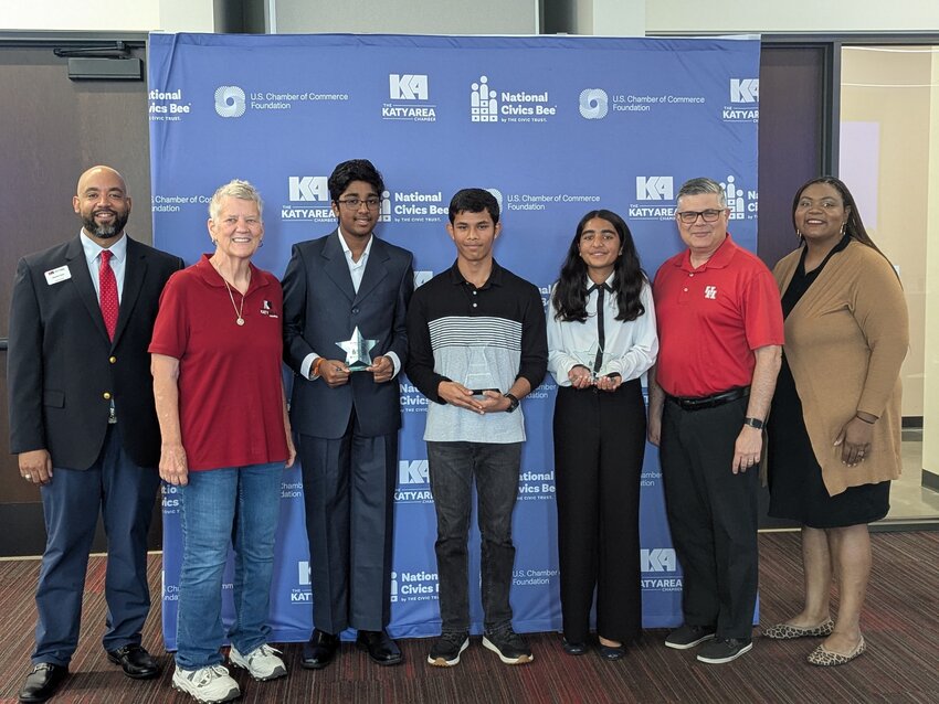 (Left to right) National Civics Bee&copy; event moderator Charles Stein of AT&amp;T joins title sponsor Ida Franklin, former owner of Venus Construction and an event judge in congratulating first place winner Deeptanava Roy, second place winner Rishi Tirumalasetty, and third place winner Antara Manish, along with other event judges, Jay Neal of the University of Houston and Rosalyn Crain Tinnin of Houston Community College.
