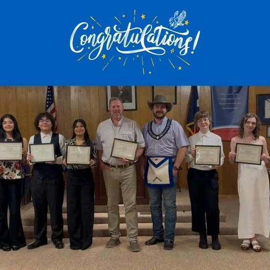 Honors were awarded by the Brookshire Masonic Lodge to (left to right) Jennifer Hernandez, Gabriel Velasquez, Tania Ramirez, teacher Jerod Harbes, Kyle Ryland, Kelsey Jung, and Elizabeth Moreland. The five students received scholarships during a May 15 awards ceremony.