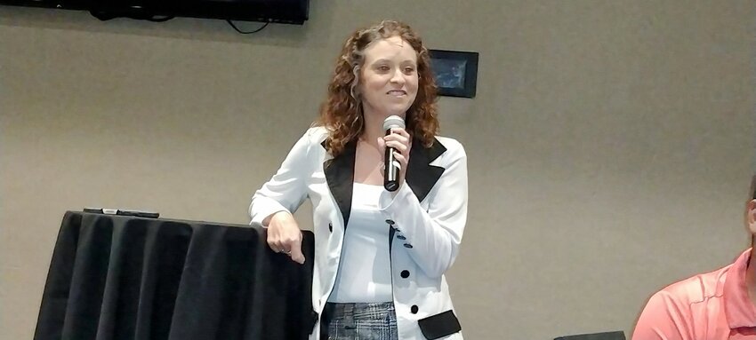Kaci Maris, Tourism and Marketing Event Coordinator for the City of Katy, gives an update on the city&rsquo;s downtown tourism initiatives during the May 28 meeting of the Katy Business Alliance, held at Main Event, 24401 Katy Freeway in Katy.