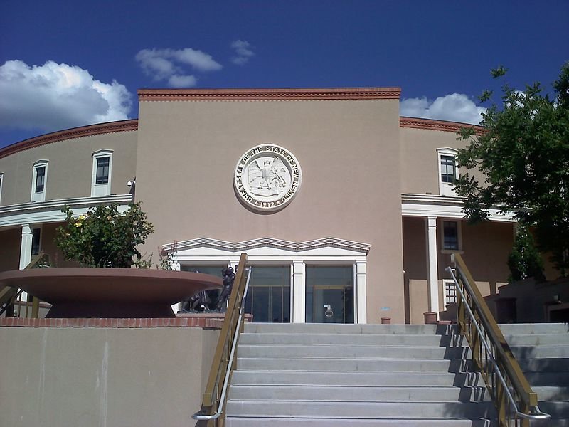 The east entrance of the state capitol building in Santa Fe