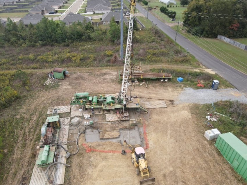 An aerial photo shows a $1.6 million, 1,200-foot deep water well being dug for Bear Creek Water Association to keep up with the growing demands throughout their service area. Bear Creek currently pumps 1.8 billion gallons of water a year.