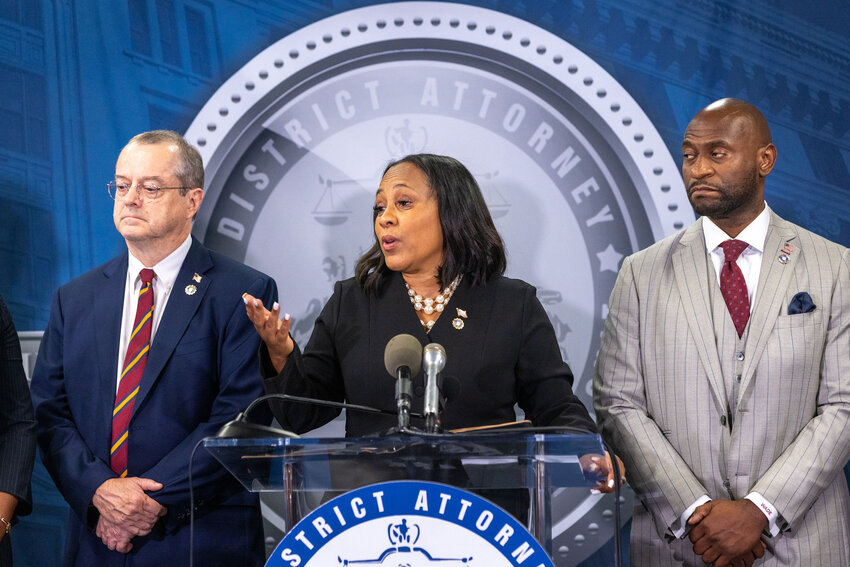 Fulton County District Attorney Fani Willis speaks at a news conference at Fulton County Government Center in Atlanta on Monday, August 14, 2023, following the indictment of Former President Donald Trump and others. (Arvin Temkar/arvin.temkar@ajc.com)