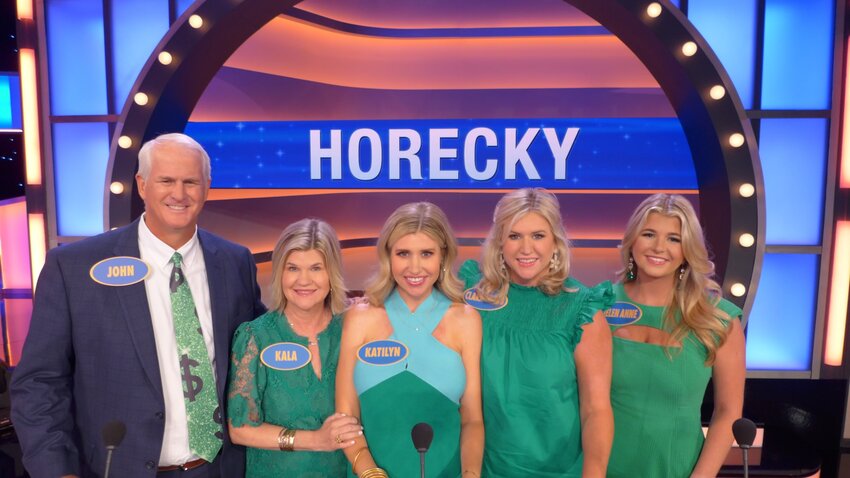 Kala and John Horecky with their three daughters Katilyn Billingsley, Clara Ward Newton and Helen Anne Horecky on Family Feud.