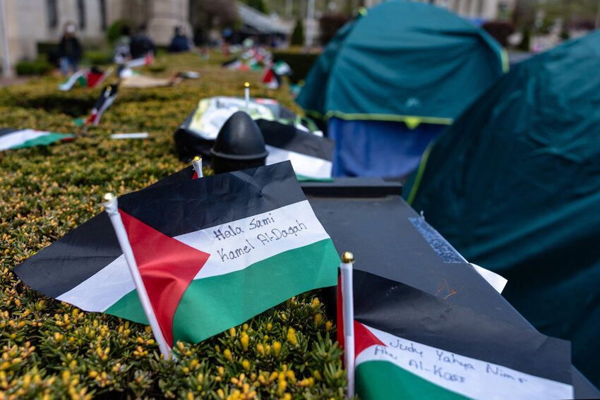 NEW YORK, NEW YORK - APRIL 24: Palestine flags with the names of recently killed Palestinians are seen at the studentspro-Palestinian 