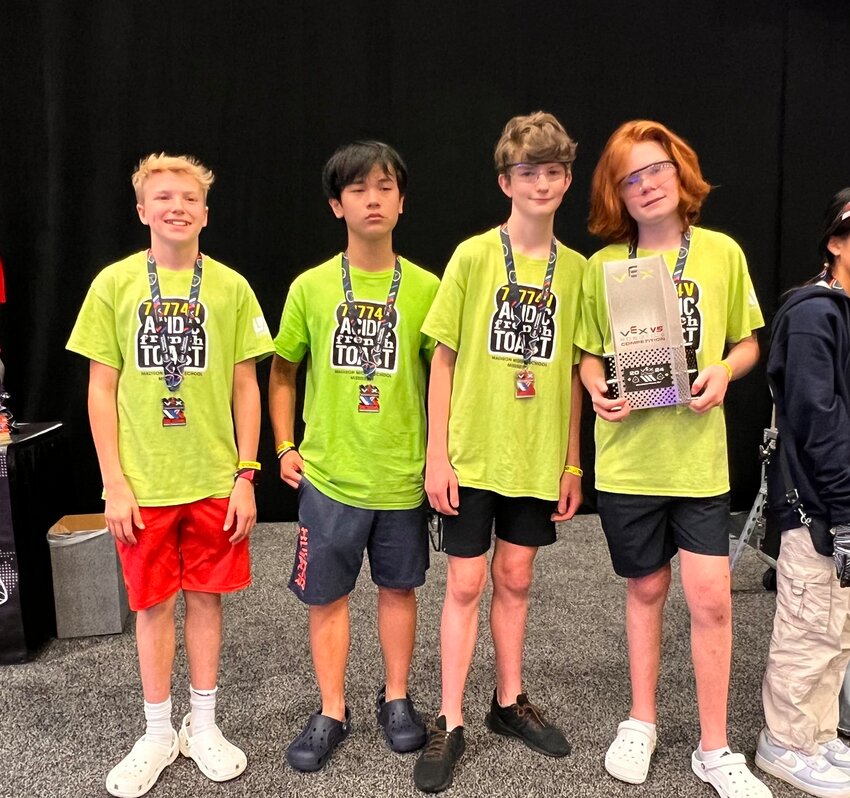 Madison Middle School students won second place in the tournament finals at the VEX Robotics World Championship in Dallas, Texas. Bringing home the World Championship win are team members McKellar Goff, Leo Wei, Henry Newkirk, and Quest Crothers.