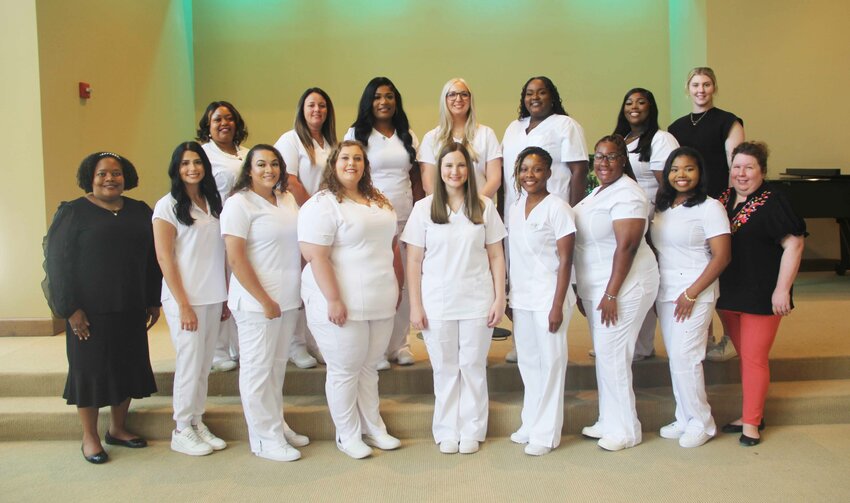 Pictured is the Holmes Community College Ridgeland Campus Practical Nursing Class of 2024 with their instructors. Pictured are (front row, left to right) PN Instructor Dr. Lakesia Sutton, Hannah Alexus Rigby, Jessica Quarles, Sara Kathryn Self, Cortlyn Norris Bardwell, Shae Kelly, Alicia Goldman, Alexandria Cyrus, PN Instructor Heather Roberts, (back row, left to right) Nikeya Rogers, Megan Brittany Middleton, Kavondra McCauley, Anastasia Kelly, Destiny Janae Malone, I'Leyah Janae Green and PN Instructor Caley Stogner.